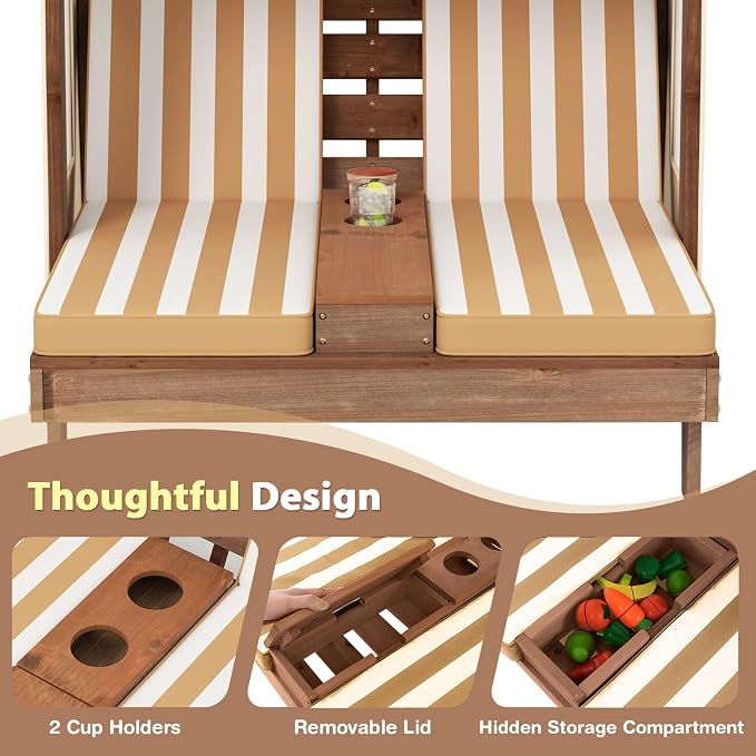 Costzon Kids Lounge Chair Outdoor, Wood Double Seat Chaise Lounge - Image 5