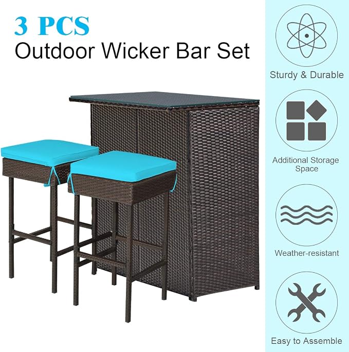 Tangkula Patio Bar Set, 3 Piece Outdoor Rattan Wicker Bar Set - Image 8