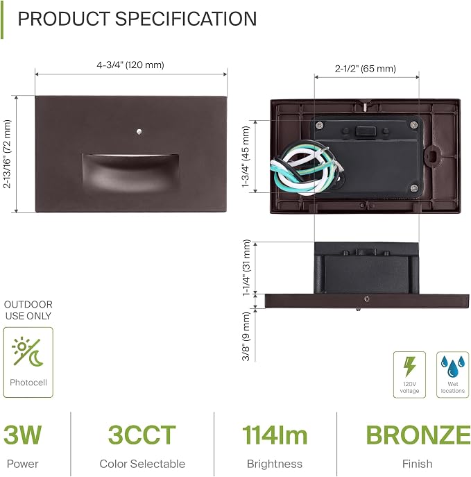 ASD LED Recessed Step Light Fixture, Dusk to Dawn Outdoor Tread Lighting | 3CCT - Image 2