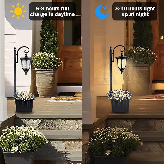 Solar Lamp Post Light with Planter, Outdoor Solar Lights with Crackle Glass - Image 4