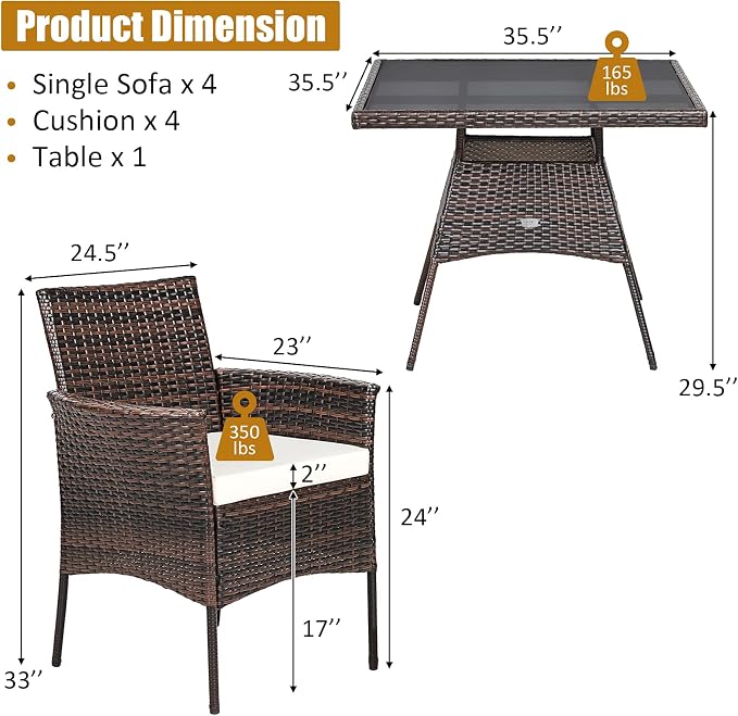 Tangkula 5 Pieces Wicker Patio Dining Set, Outdoor PE Rattan Chairs Table Set - Image 5
