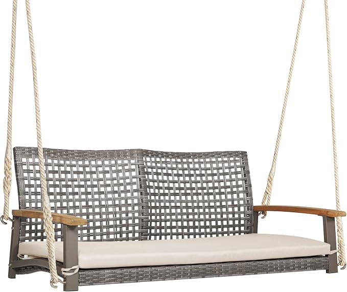 Happygrill 2-Person Patio Porch Swing Chair, Outdoor Rattan Swing Bench by HAPPYGRILL