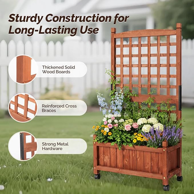 VINGLI 2PC Wooden Planter with Trellis, FreeStanding Planter Box with Drainage - Image 4