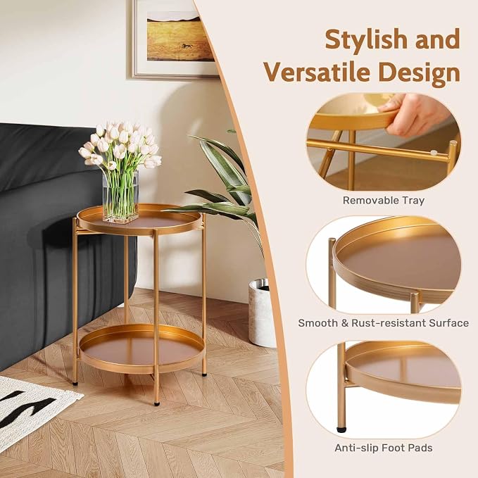 HollyHOME 2-Tier Round Gold Side Table, Outdoor Small Folding Accent Stand - Image 4