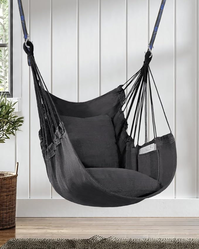 Halalona Hammock Chair Hanging Hammock Chair Rope Swing 2 Cushions - Image 3