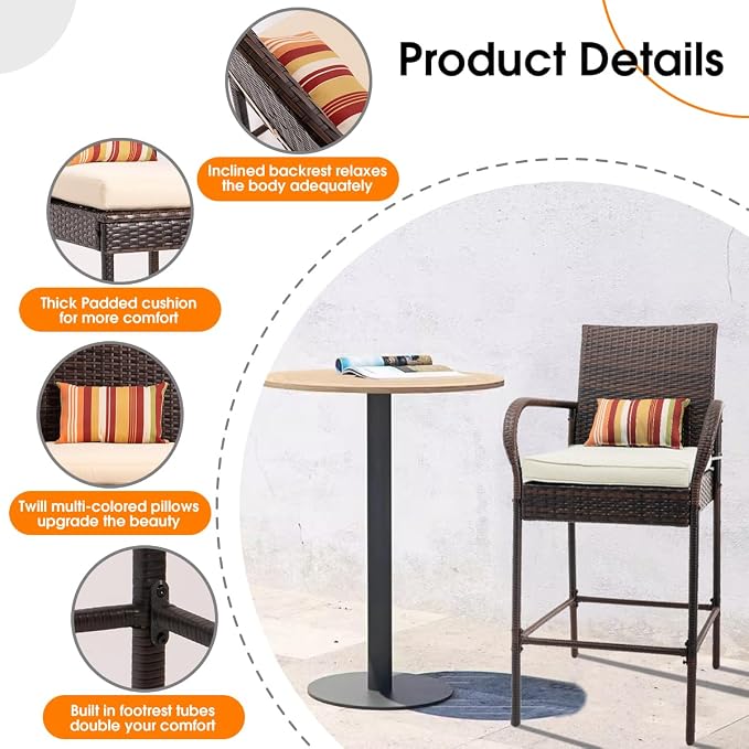 Sundale Outdoor Wicker Bar Stool Set of 2, Patio Counter Height Pub Chair - Image 5