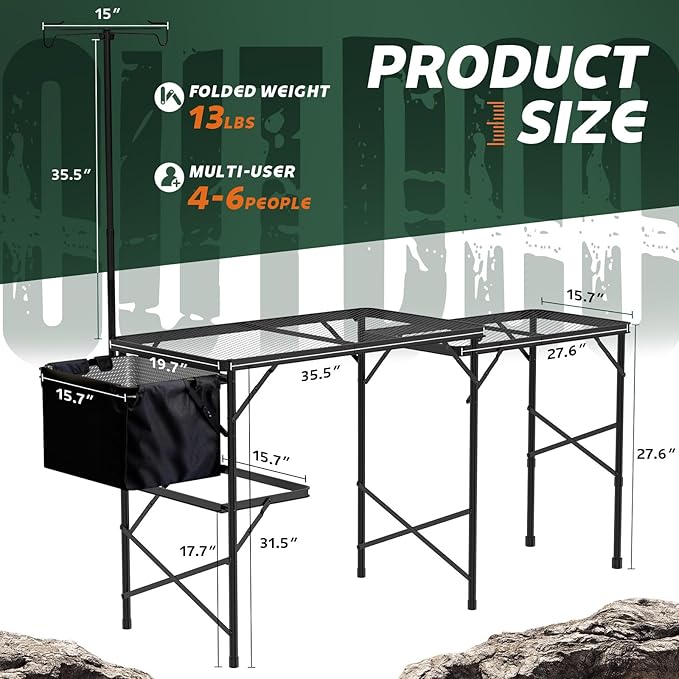 Folding Table with Sink and Double Shelf, Camping Table Height Adjustable - Image 3