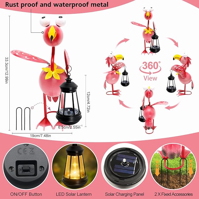 Solar Flamingo Statue with Lights, 13in Tall Solar Flamingo Garden Sculptures - Image 3