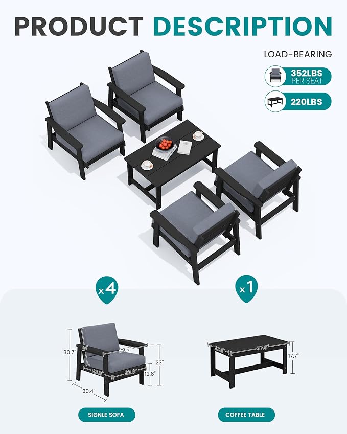 SERWALL Outdoor Patio Furniture Set, 5 Piece HDPE Patio Conversation Sets - Image 2