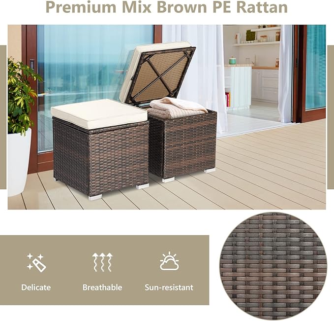 Tangkula 2 Pieces Patio Ottomans, Patiojoy Hand-Woven PE Rattan Side Table - Image 7