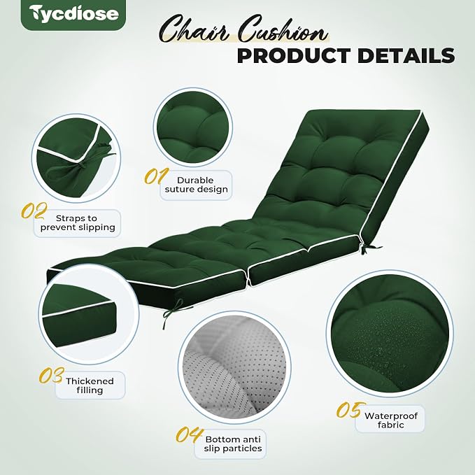 Outdoor Chaise Lounge Chair Cushion, Waterproof Non-Slip Patio Chaise Lounge - Image 5