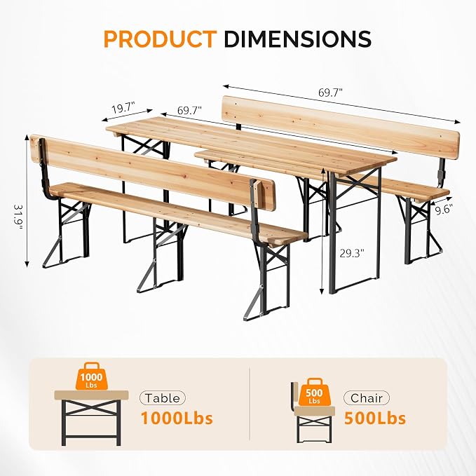 VINGLI 70 Inch Folding Picnic Tables and Chair Set - Image 3
