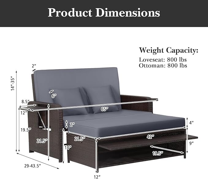 LDAILY Moccha Outdoor Daybed, Wicker Loveseat Sofa Set - Image 9