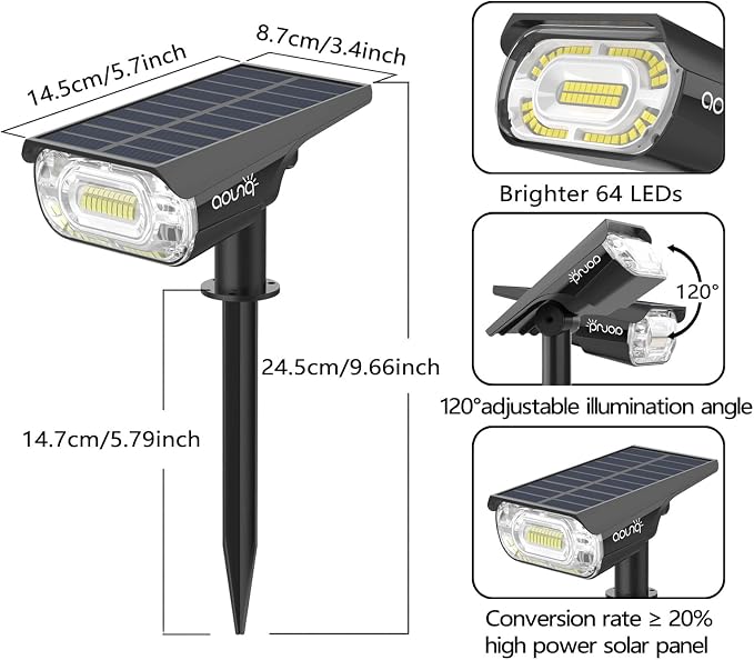 Solar Spot Lights Outdoor 1000 Lumens, 64 LEDs IP67 Waterproof Landscape - Image 5