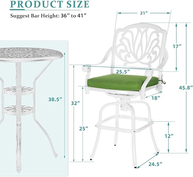 MEETWARM 2 Piece Patio Swivel Bar Chairs, All Weather Cast Aluminum High Swivel - Image 2