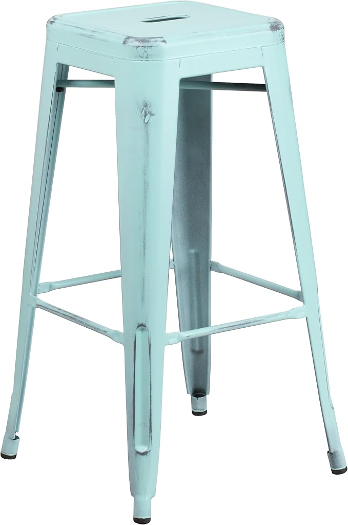 Flash Furniture Kai Commercial Grade 30" High Backless Distressed Green-Blue by FlashFurniture
