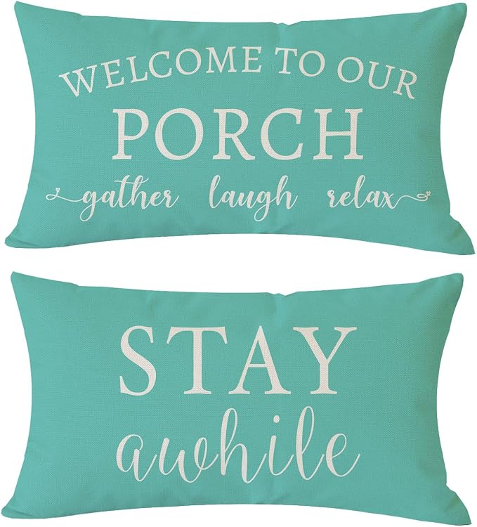 PANDICORN Welcome to Our Porch Stay Awhile Turquoise Farmhouse Outdoor Beach by PANDICORN