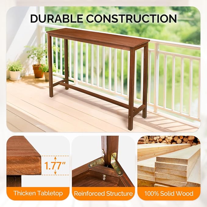 VINGLI Wooden Outdoor Bar Table, Wood Patio Counter Height Table, - Image 5