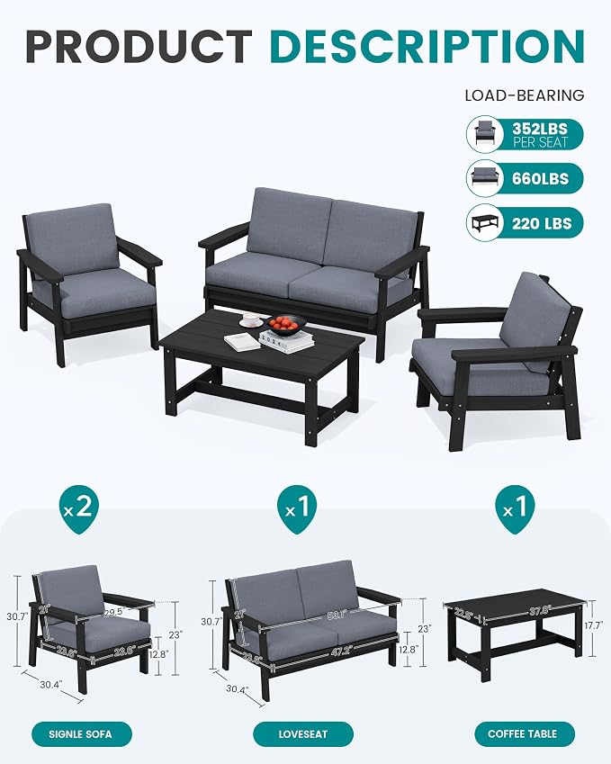 SERWALL 4 Piece HDPE Outdoor Furniture Set, All Weather Wood-Like Outdoor Sofa - Image 2