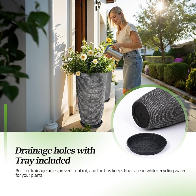 QCQHDU Large Tall Dark Gray Planters Set of 2-9 Gallon 12" Round Outdoor - Image 2