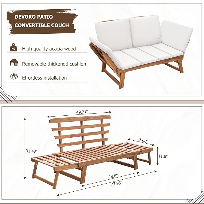 Devoko Outdoor Couch Acacia Wood Patio Couch - Image 2