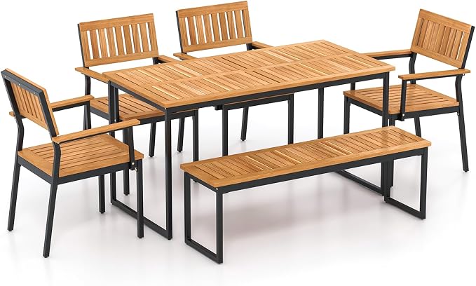Tangkula 6 Pieces Outdoor Acacia Wood Dining Set, Patio Table and Chairs Set - Image 8