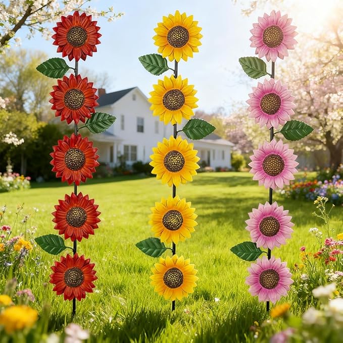 3 Pack Sunflowers Garden Stakes Decor, Metal Yard Art Decorative Garden Stakes - Image 2