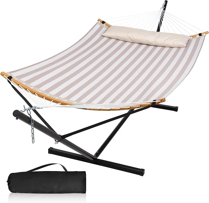 Double Hammock with Stand for Outside, Quick Dry Hammock with Curved Spreader by MansionHome