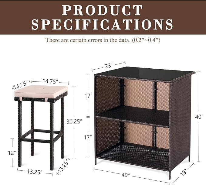 Outdoor Bar Set 3-Piece Brown Wicker Patio Furniture - Image 4