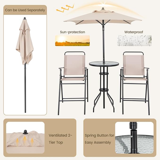 Giantex 4-Piece Outdoor Bar Set, Round High Top Bar Table - Image 6