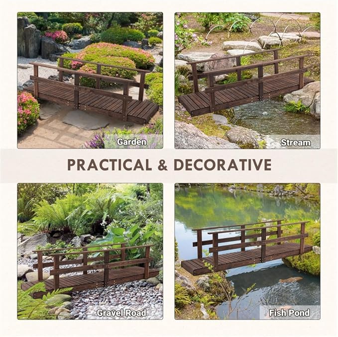 7FT Wooden Garden Bridge with Handrails, Decorative Landscape Footbridge - Image 5