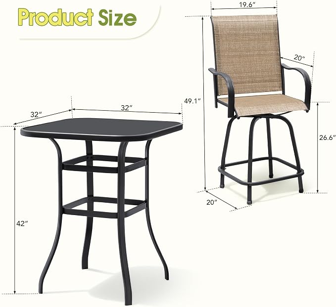 Devoko Patio Swivel Bar Set 3 Pieces Patio High Top Bar Table and Stools Chairs - Image 3