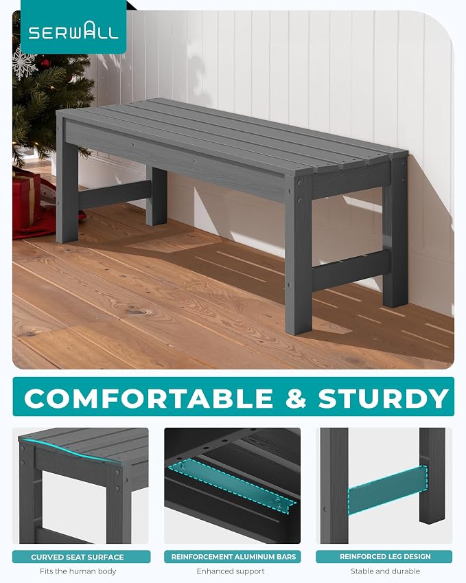 SERWALL 47 Inches Outdoor Bench Set of 2, All Weather HDPE Backless Bench - Image 6