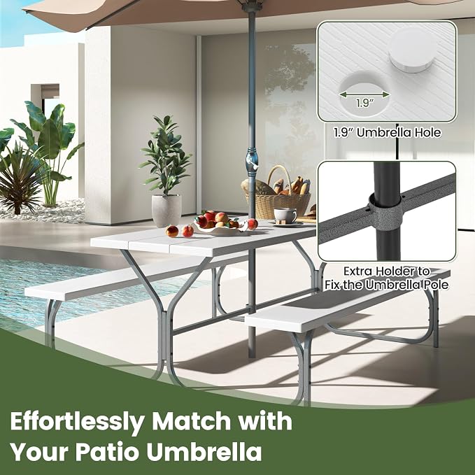 Giantex Picnic Table 6FT for 8 Person, Outdoor Table Set w/ 2 Benches, - Image 8