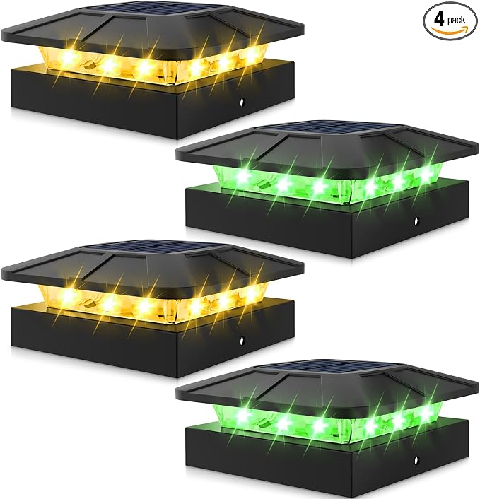 Peasur 4x4 Solar Post Lights Outdoor, 4 Packs Green & Warm White LED Fence Caps by Peasur