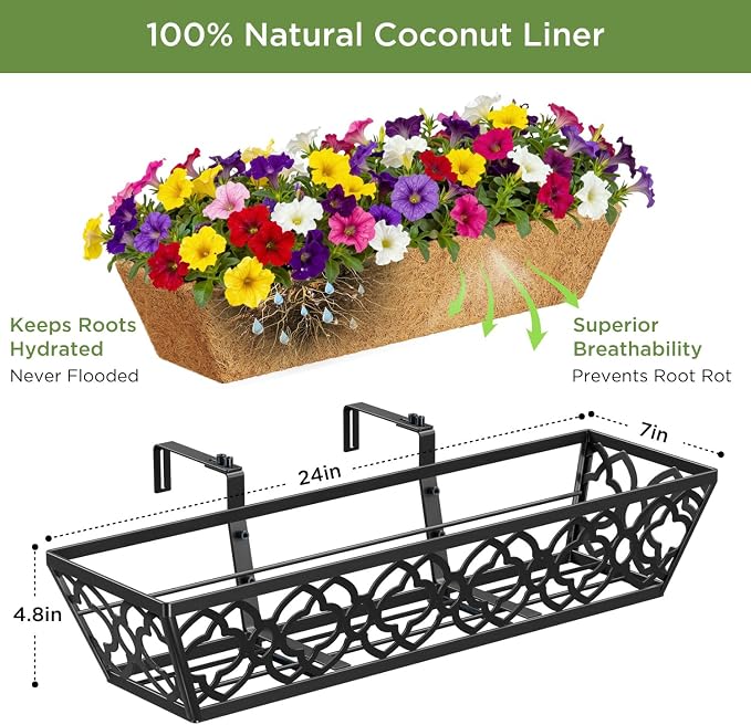 Y&M 24 Inch Window Deck with Coco Liner, Fence Metal Hanging Flower Planter - Image 3
