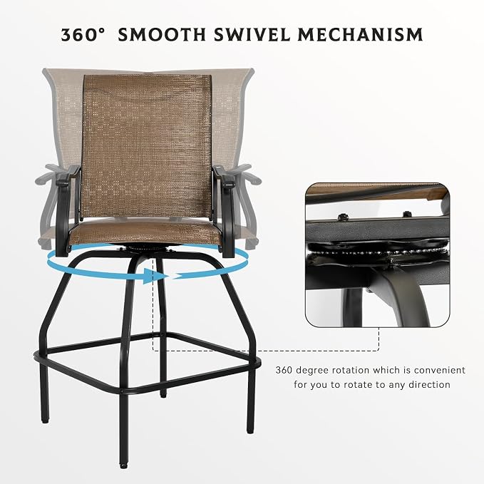 LEVELEVE Patio Bar Set 2pcs Swivel Bar Stools Outdoor Bistro Textilene - Image 4