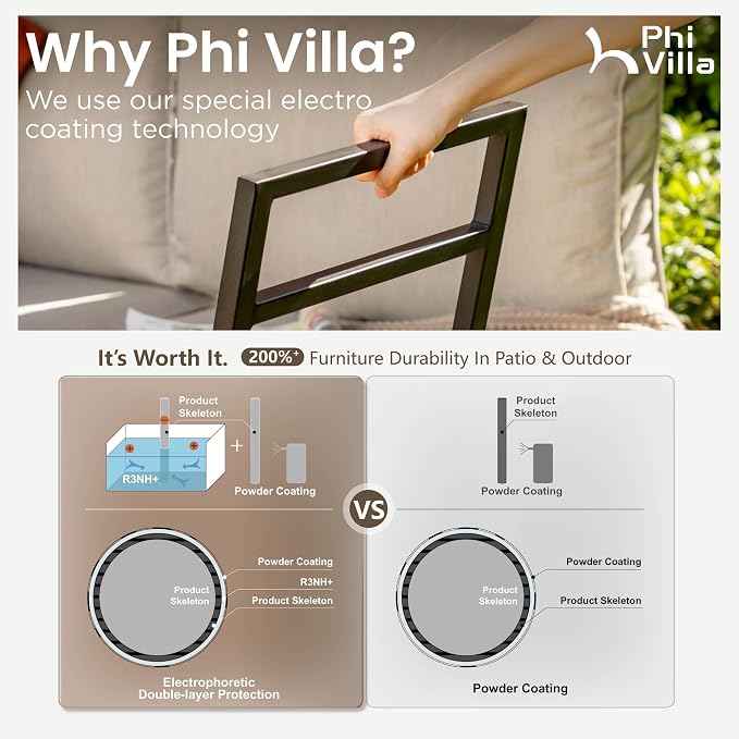 PHI VILLA 3 Pieces Outdoor Patio Furniture Set, Metal Frame Modern Outdoor - Image 5
