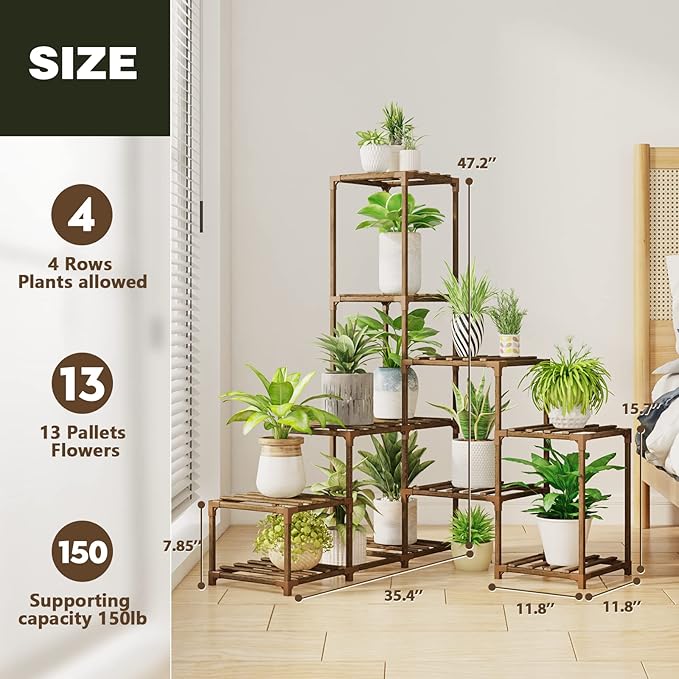 Bamworld Plant Stand Indoor Corner Plant Shelf Wood Plant Holder 13 Pots - Image 4