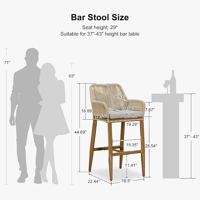 PURPLE LEAF Outdoor 29" Bar Stools Set of 2, Boho Patio Bar Height Chair - Image 3
