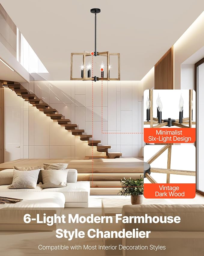 VEVOR 6-Light Chandelier, Metal Farmhouse Chandelier, Adjustable Height - Image 2