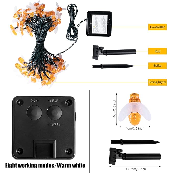 Brightown Solar Bee String Lights Outdoor 31FT 50 LED Honeybee Fairy Lights - Image 3