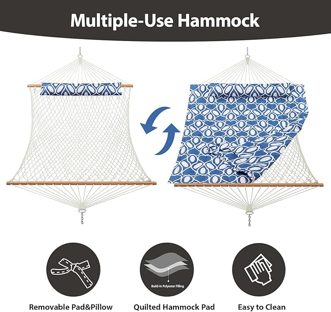 Outdoor Double Hammock with Hardwood Spreader Bars, Large Rope Hammock with - Image 4