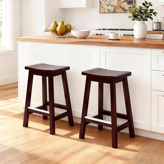 PayLessHere Bar Stools Set of 2, Wooden Saddle Stools 24 Inch Heigh, Bar Chairs - Image 2