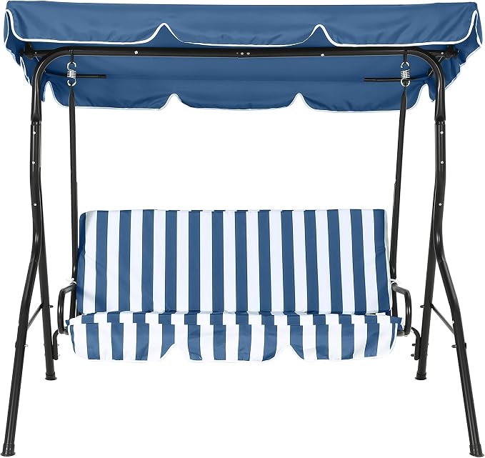 Outdoor Porch Swing Chair with Adjustable Canopy & Striped Seat Cushion - Image 8