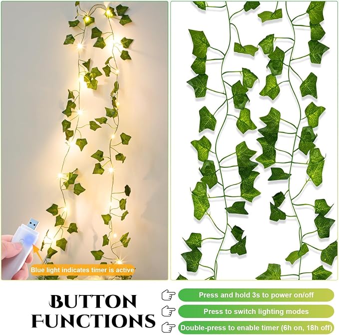 Vine with Fairy Lights Rechargeable, 6.56ft Ivy Leaf with 20 LED, 8 Mode and - Image 3