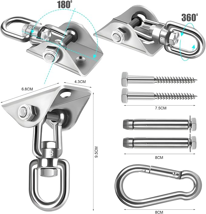 2 Pack Hammock Hanging Kit, Hanging Chair Hardware 360°Rotating Hammock Hooks - Image 4