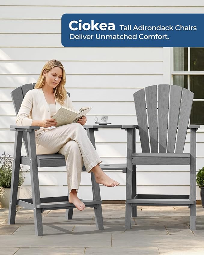 Ciokea Tall Adirondack Chairs Set of 2, HDPE Outdoor Adirondack Bar Stools - Image 2
