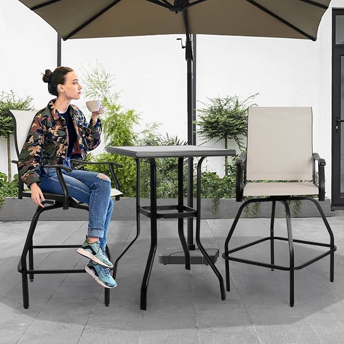 LEVELEVE Patio Bar Set 3pcs Swivel Bar Stools Outdoor Bistro Textilene - Image 8