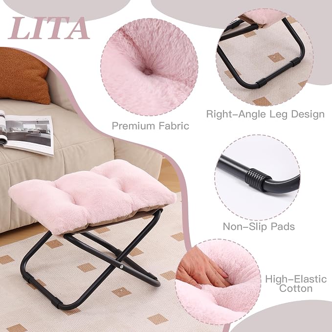 LITA Folding Footrest Stool, Portable Ottoman Foot Rest, Upholstered Small - Image 4